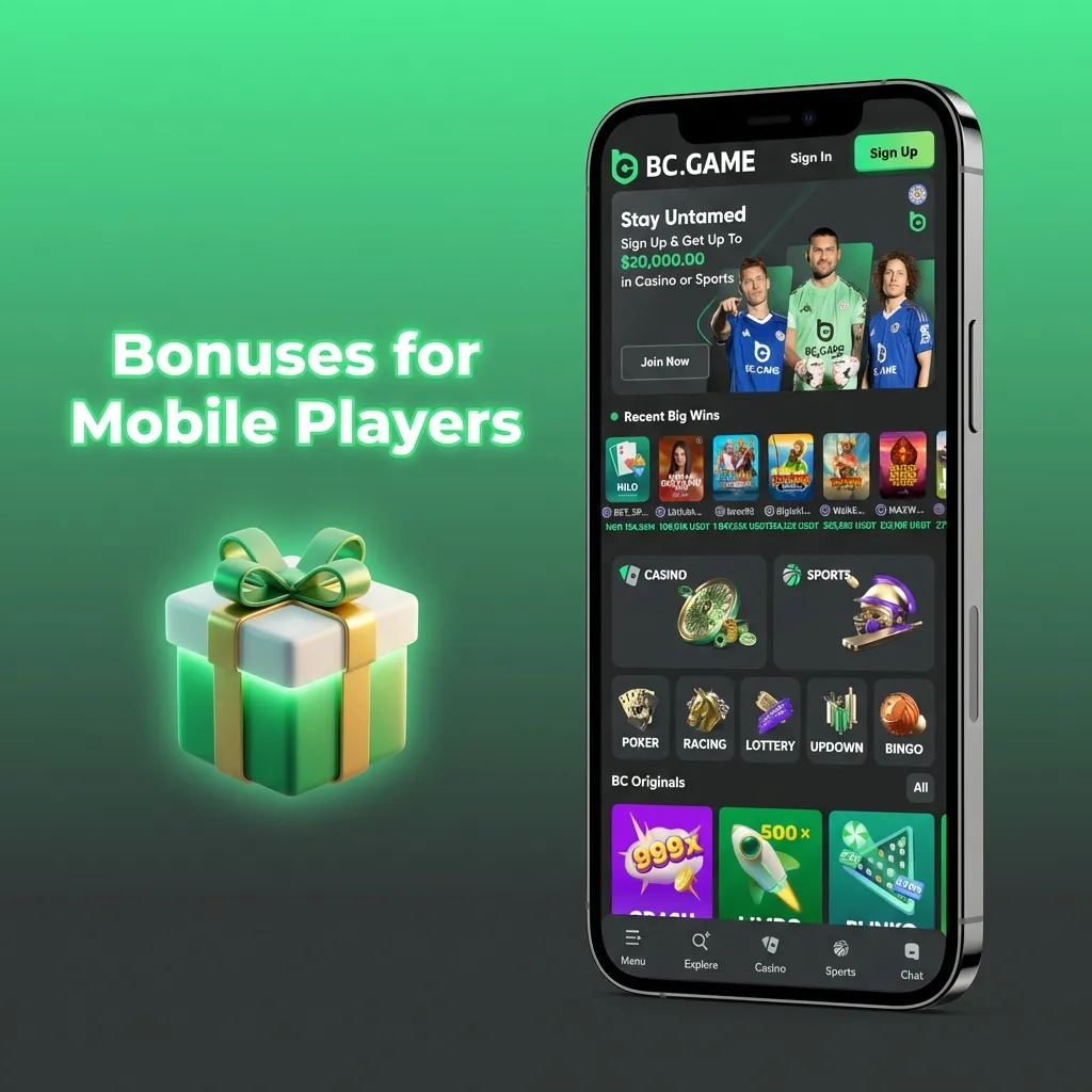 Smartphone showing BC Game app bonuses: welcome, deposit reload, free bet and no-deposit offers for mobile players