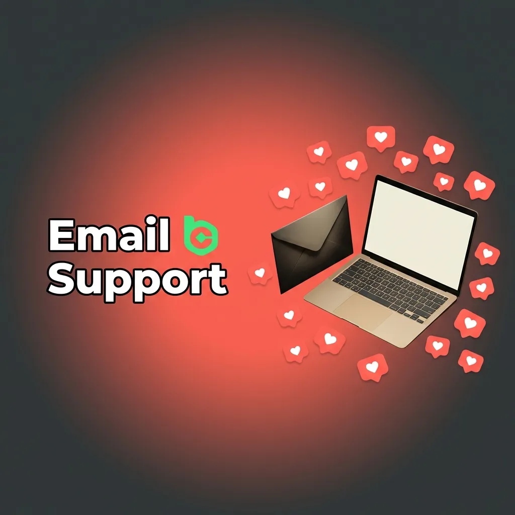 Illustration of a person emailing BC Game support on a laptop, with message icons and documents around the screen.