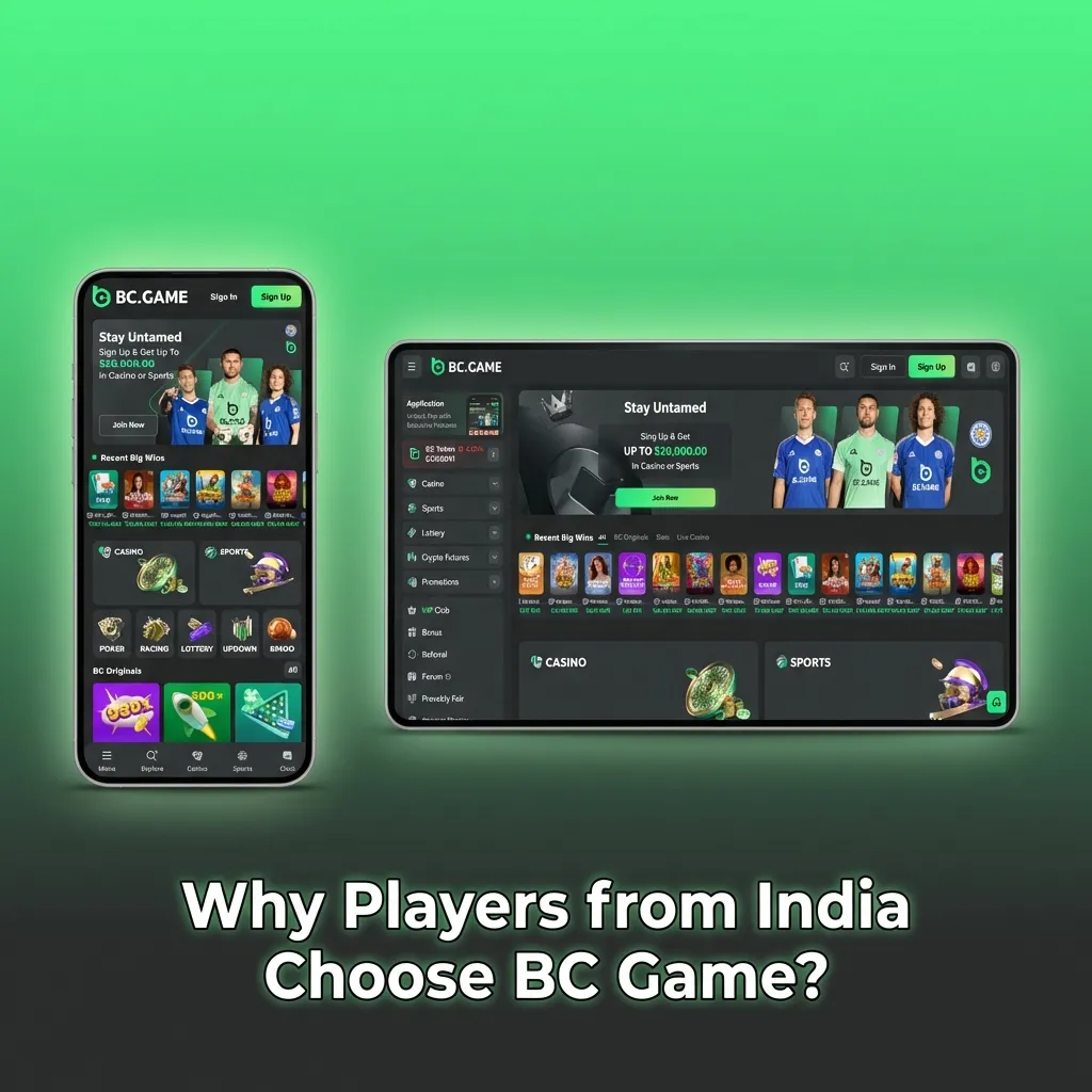 Illustration promoting BC Game for Indian players, showing local payments, favorite games, mobile play, crypto, and support
